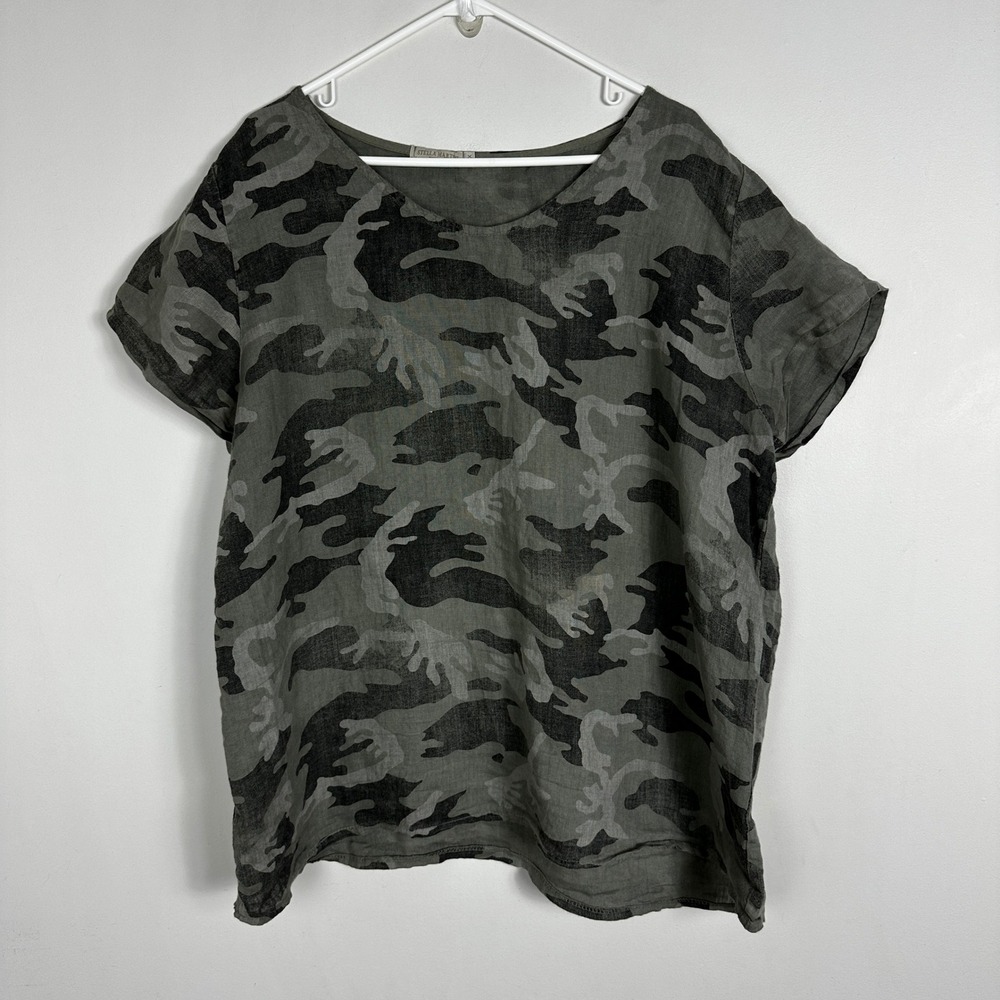 Stella Martini Italy 100% Linen Camouflage Short Sleeve Tee Womens Sz 3X T-Shirt